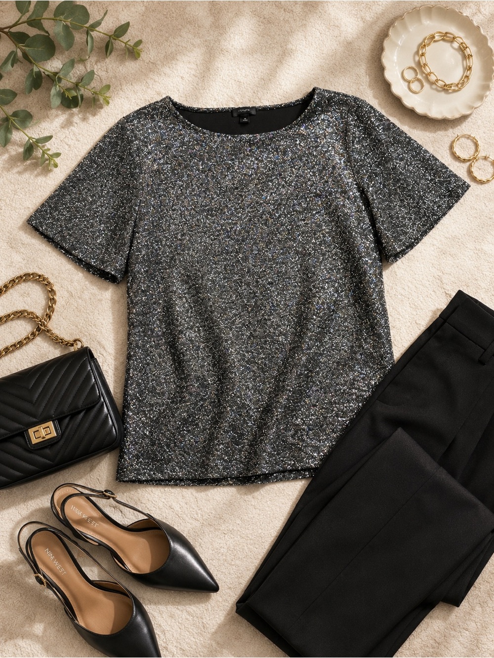 Ann Taylor Factory Metallic Sparkle Short Sleeve Top in Black and Silver